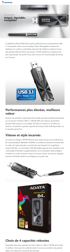 Acheter Lecteur Flash USB ADATA Elite UE700 (AUE700-64G-CBK) Maroc