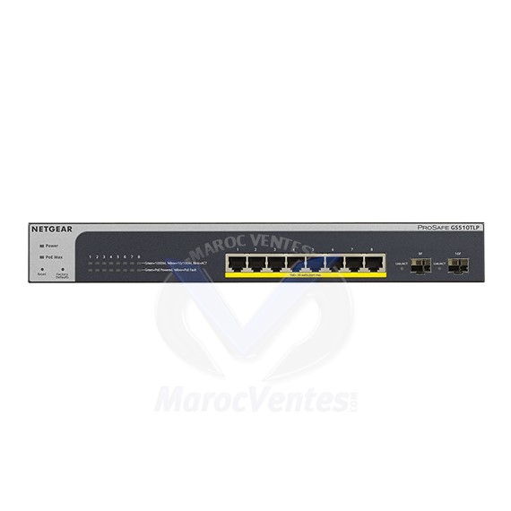 Smart Switch Prosafe Web Manageable 8 ports Gigabit dont 8 ports PoE+  2 x SFP Niveau 2  75W  Kit Rack GS510TLP