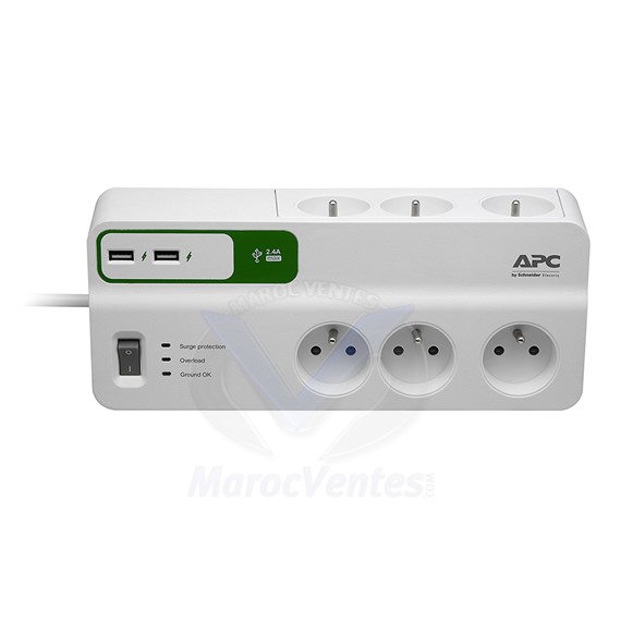 Essential SurgeArrest 6 prises avec 2 ports de charge USB 5 V 2.4 A 230 V PM6U-FR