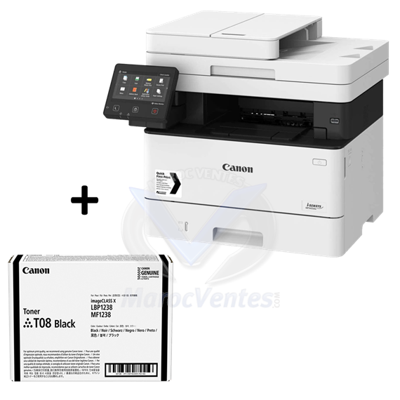 Imprimante Laser Copieur i-SENSYS X 1238i MFP 3en1 Wifi Mono A4 R/V 38 B&WPPM 12M+CANON Toner T08 Black DS5591