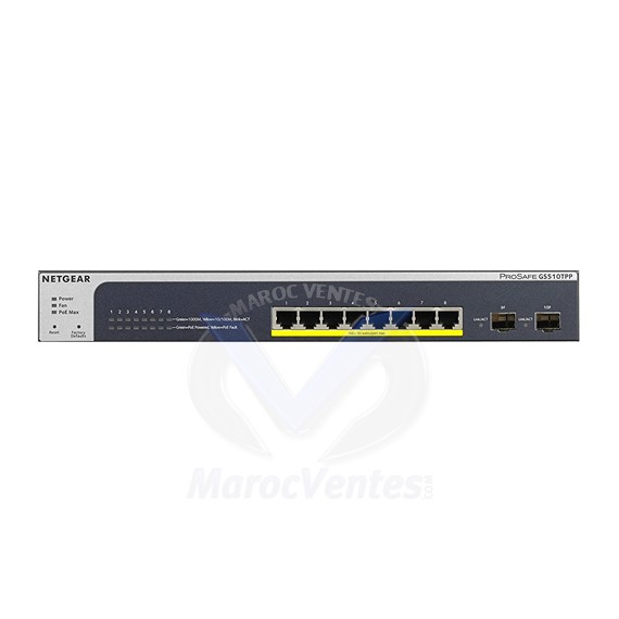 Smart Switch Prosafe Web Manageable 8 ports Gigabit dont 8 ports PoE+ 2 x SFP Niveau 2 190W  Kit Rack GS510TPP
