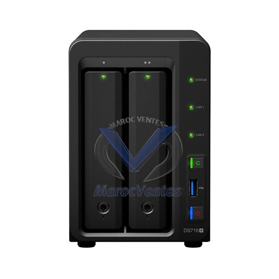 Serveur Quad Core 1.6 à 2.24 Ghz 2 Go Ram 2 LAN Gigabit 3 USB 3.0 eSATA NAS 16 To ext à 56 To Transcodage vidéo 4K DS716+ II