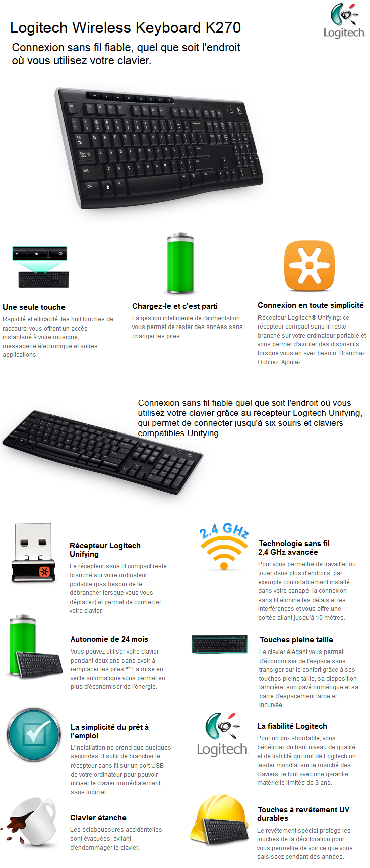 Acheter Clavier Logitech Wireless Keyboard K270 maroc