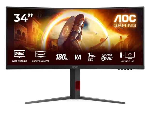 AOC 34" - CU34G4 GAMING MONITOR | (UWQHD) 3440X1440 - 0,5 ms (MPRT) - Format 21/9 - Dalle Fast VA incurvée - 180 Hz - HDR10 - Adaptive Sync - DisplayPort Femelle, 2 X HDMI Femelle - HAS 130, garantie 1 an. CU34G4