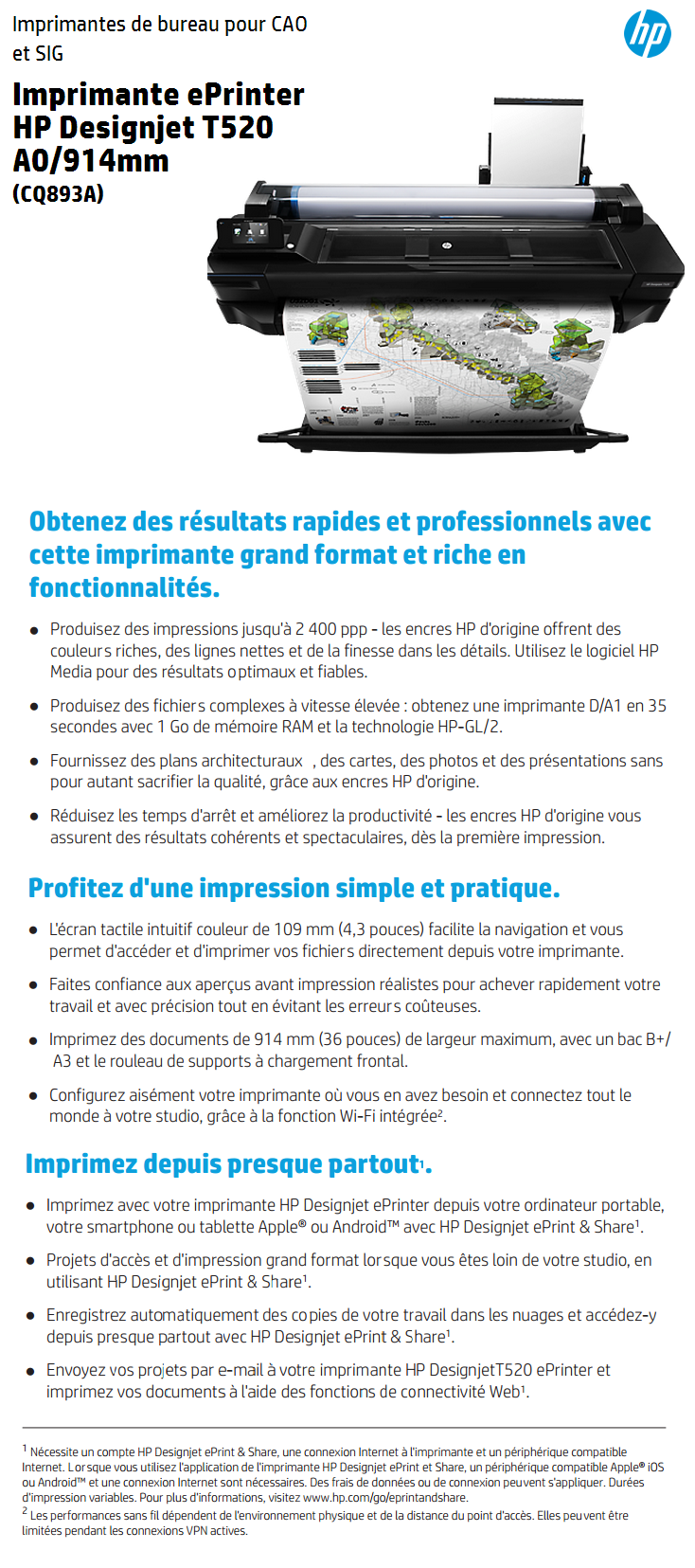 Acheter Imprimante ePrinter HPÂ Designjet T520 914Â mm (CQ893A) Maroc