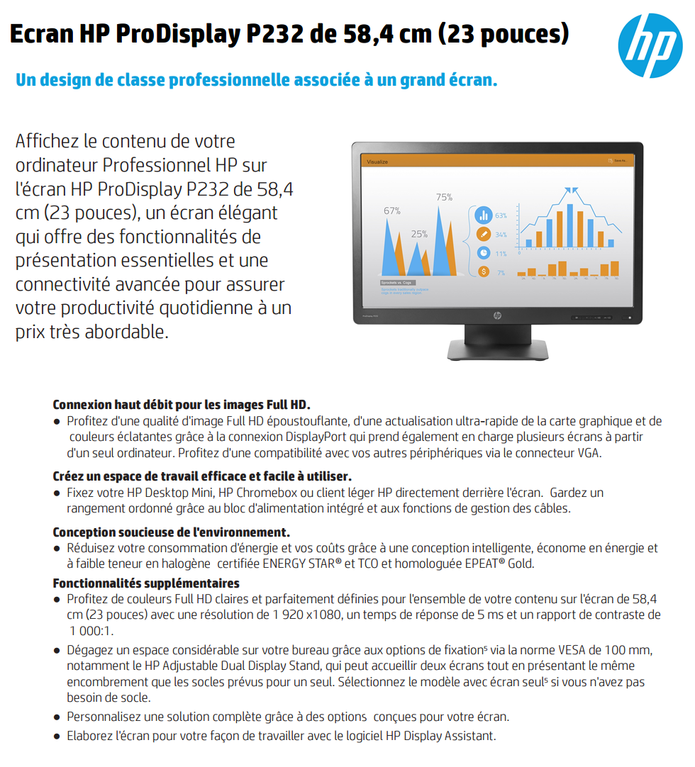 Acheter Ecran HP ProDisplay P232 de 58,4 cm (23 pouces) (K7X31AS) Maroc