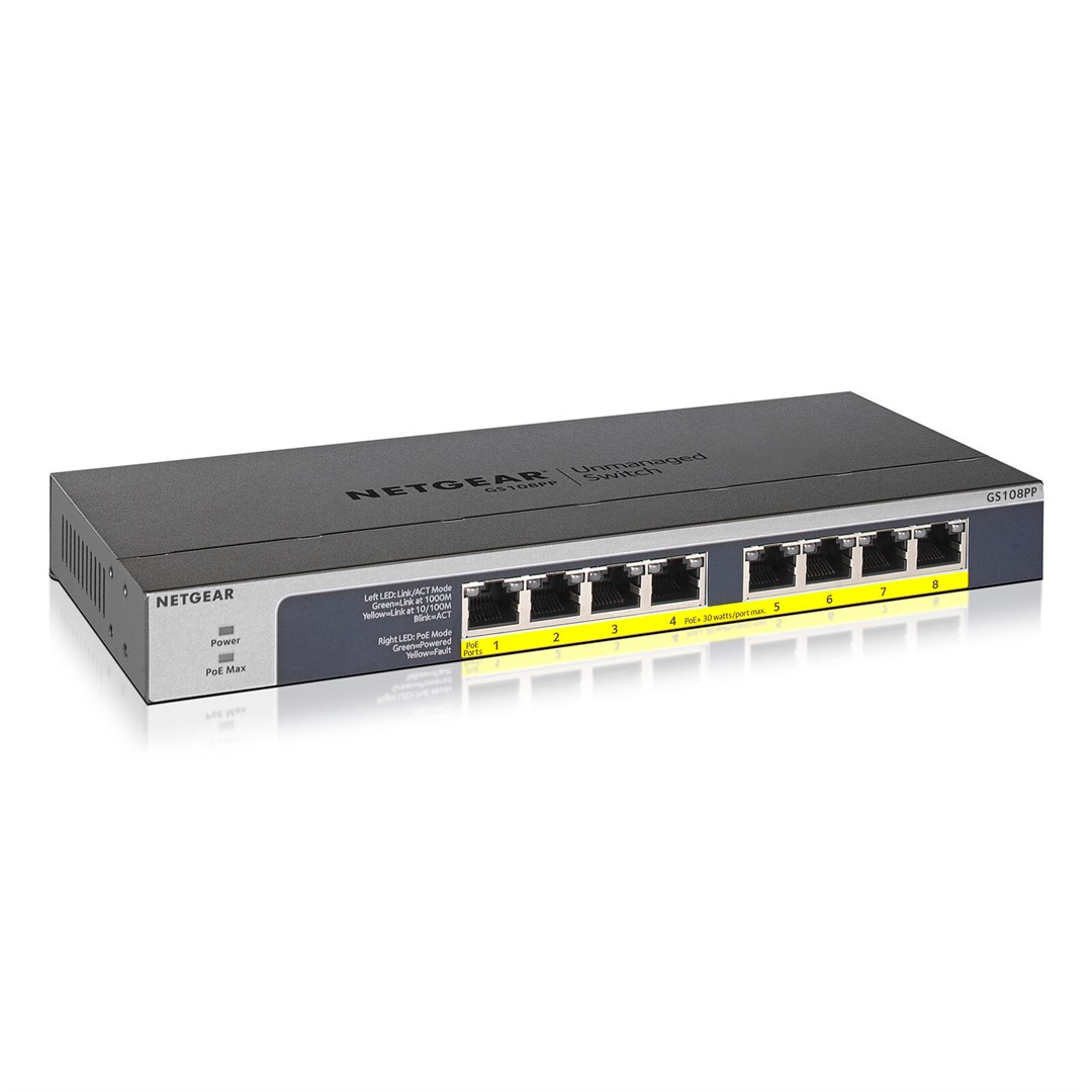 NETGEAR SWITCH POE+ HAUTE PUISSANCE 8 PORTS GIGABIT ETHERNET SWITCH NON MANAGEABLE AVEC TECHNOLOGIE FLEXPOE (123W) GS108PP-100EUS