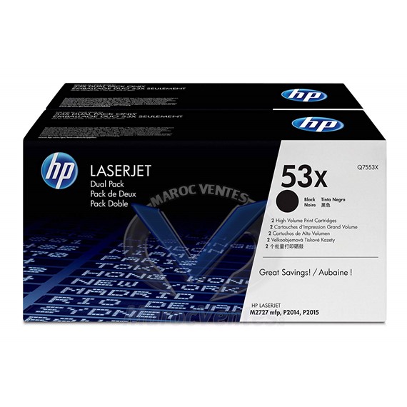 Pack de 2 toners 53X LaserJet noir grande capacité authentiques 7 000 pages Q7553XD