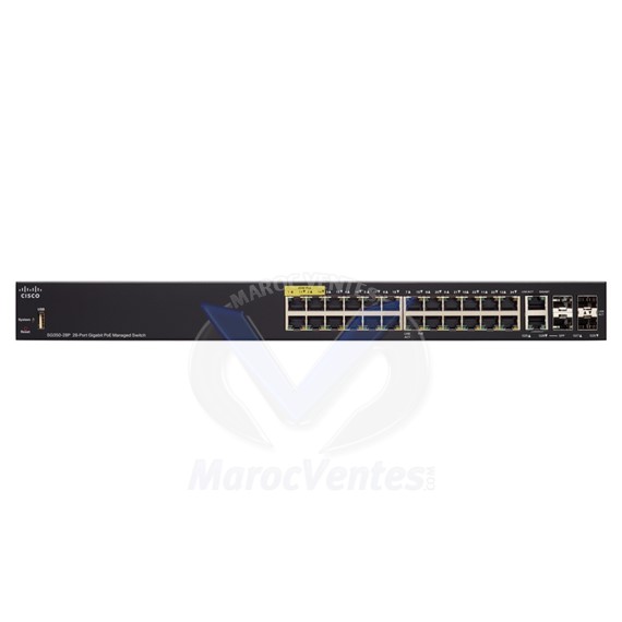 Switch Gigabit manageable 24 ports 10/100/1000 PoE+  2 ports combo Gigabit /SFP  2 emplacements SFP SG350-28P-K9-UK