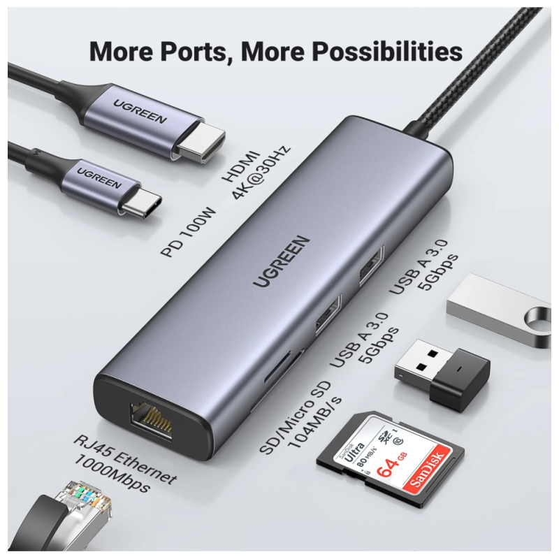 HUB Ugreen USB-C 7 en 1 Supporte PD (Power Delivery) 100W Recharge (Model : CM512) CM512